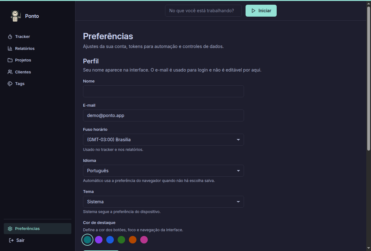 Tela de preferências do Ponto com perfil, fuso e tema