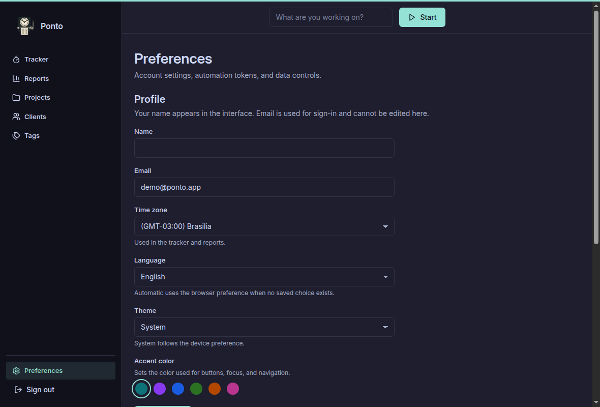 Ponto preferences screen with profile, time zone and theme
