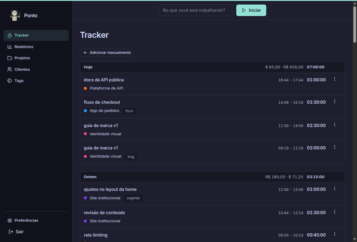 Tela do tracker do Ponto com o timer e a lista de lançamentos do dia