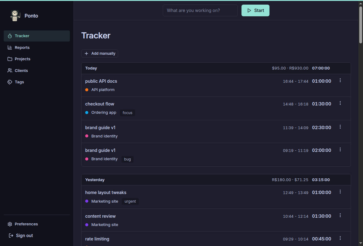 Ponto tracker screen with the timer and the day's time entries